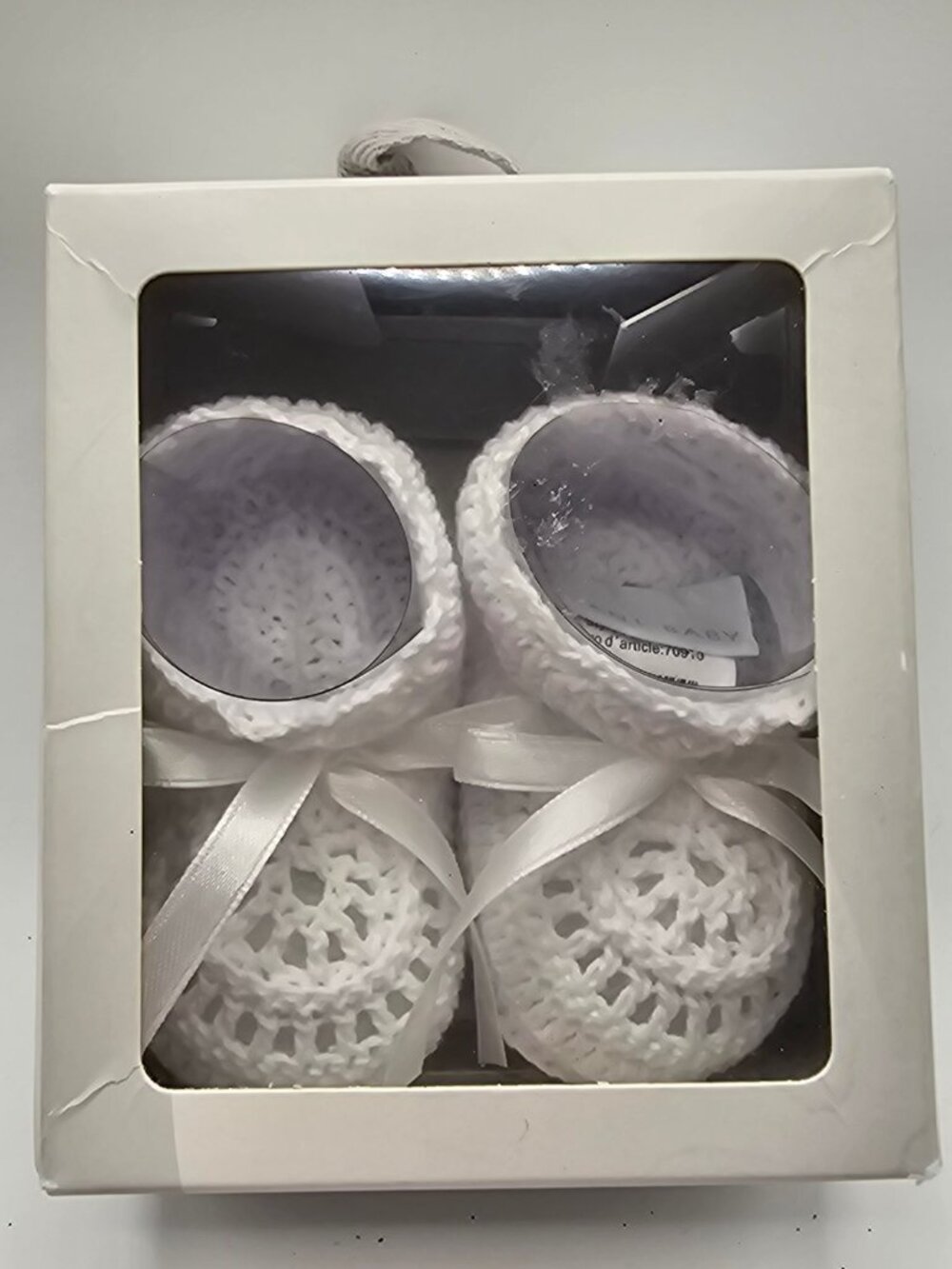 Elegant Baby White Christening Crochet Knit Booties 0-6 Months Gift Box